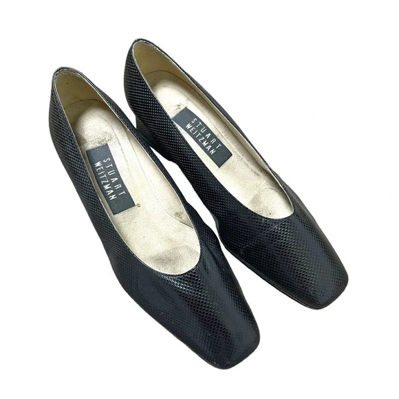 VINTAGE 80s Stuart Weitzman Leather Square Toe Block Heel Black Pumps Size 6.5 - Picture 1 of 13